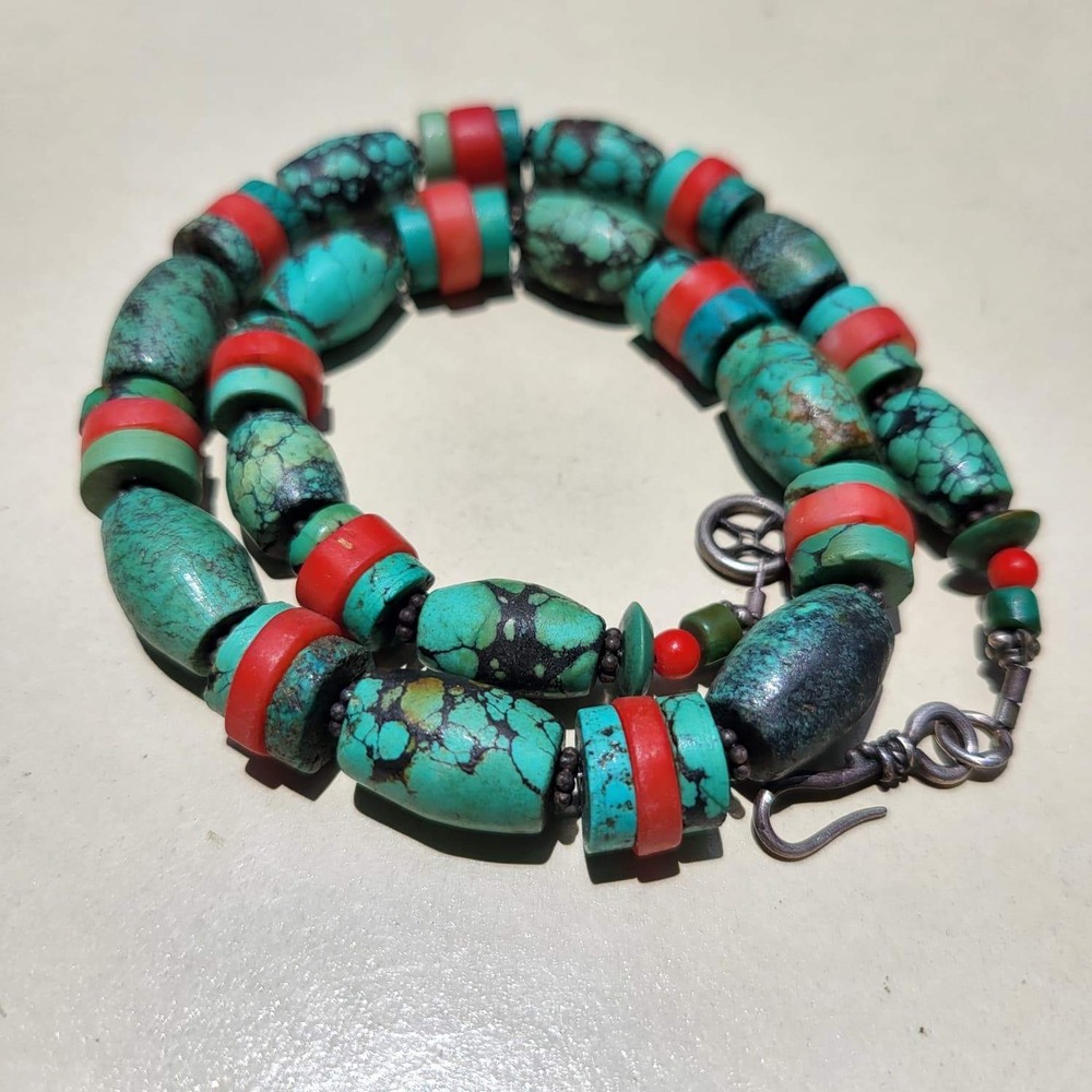 Vintage Turquoise Red Coral Resin Bead Chunky Necklace Teal Southwestern
